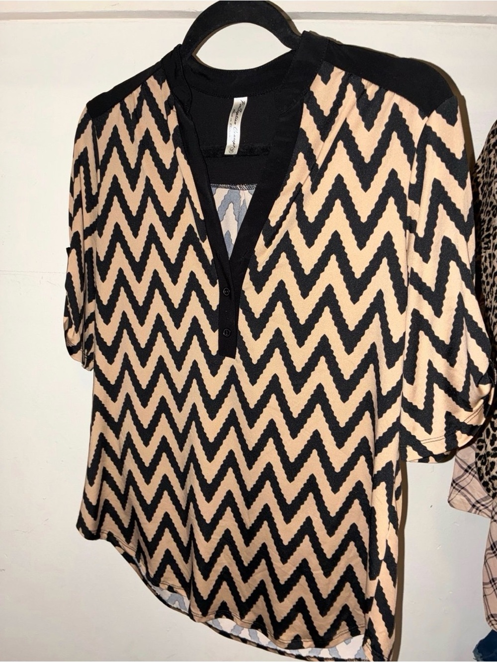 Black and Beige Chevron V-Neck Women’s Top
